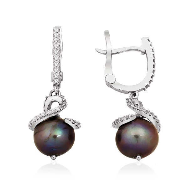 Black Pearl & Round Brilliant Diamond Earrings