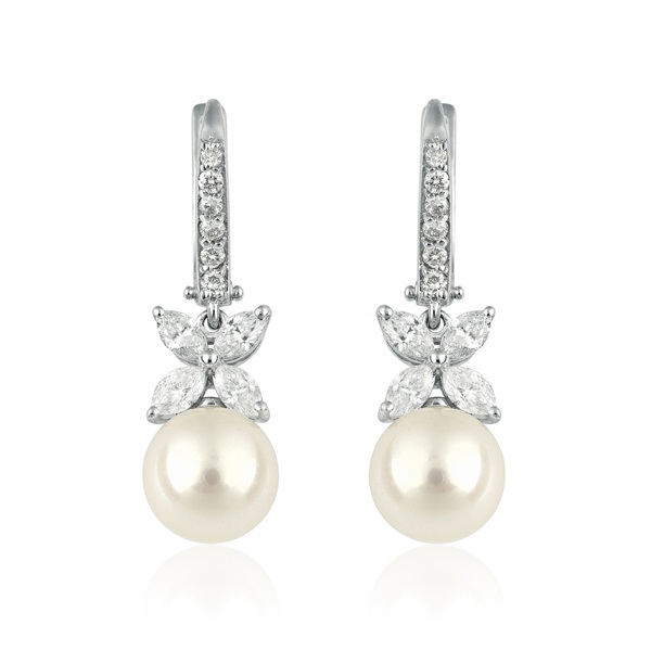 Pearl Marquise & Round Brilliant Diamond Earrings