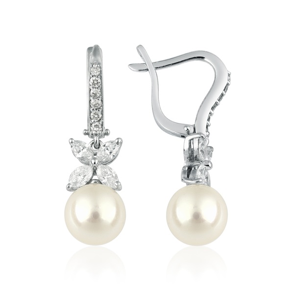 Pearl Marquise & Round Brilliant Diamond Earrings