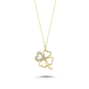 Zirconia Stoned Clover Gold Necklace