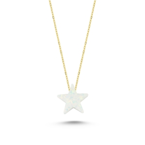 Beyaz Opal Taşlı Yıldız Altın Kolye