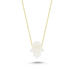 White Opal Stone Fatimas Hand Gold Necklace